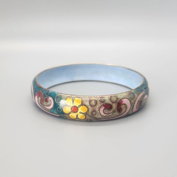 Enamel Floral Metal Bangle Bracelet Cuff Robert Kuo Unmarked Cloisonne Boho VTG - Picture 4 of 7